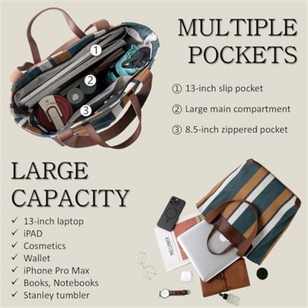 Large Women's Work Tote Bag Laptop Compartment,Canvas Shoulder Bag for Office - Picture 4 of 6